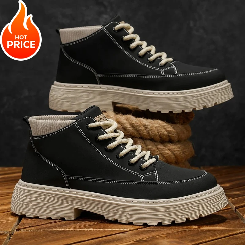 

Мужские ботинки на толстой подошве, короткие ботинки на толстом каблуке, дешевые мотоциклетные ботинки на шнуровке, водонепроницаемые ботинки на платформе со средней подошвой