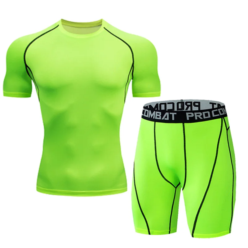 Men's Compression running Suit GYM Tight Two-piece Sets Workout Jogging Fitness Clothing sports T-shirt+Shorts Men Tracksuit