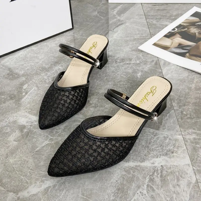 2023 Summer Sexy Pointed Toe Sandals Thin Strap Mulles White Yellow Women Shoes Elegant Women Fashion Square Heels Slippers