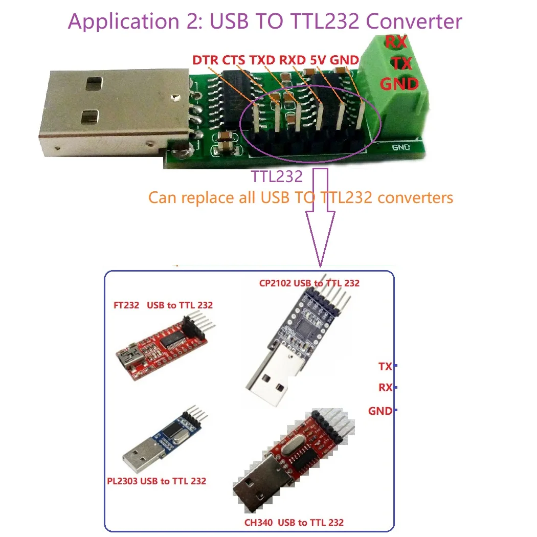 4x UD67A01 USB RS232 TTL232 Serial port Converter TXD RXD GND CTS DTR WIN10 CH340 SP232 MAX232