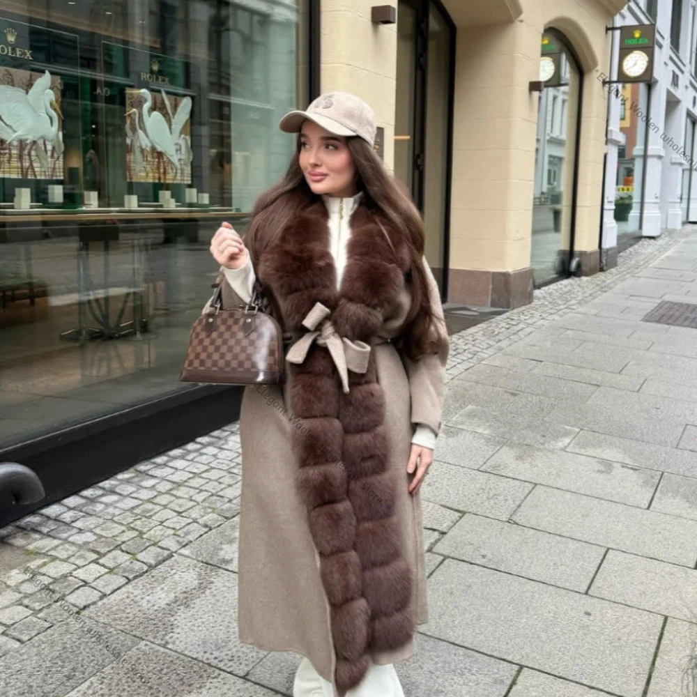 Women's Trench Coat Fur Trim Belted New Arrival Handmade Winter Fashion Wool Blend Overcoat Fur Collar Handmade Autumn Fashion