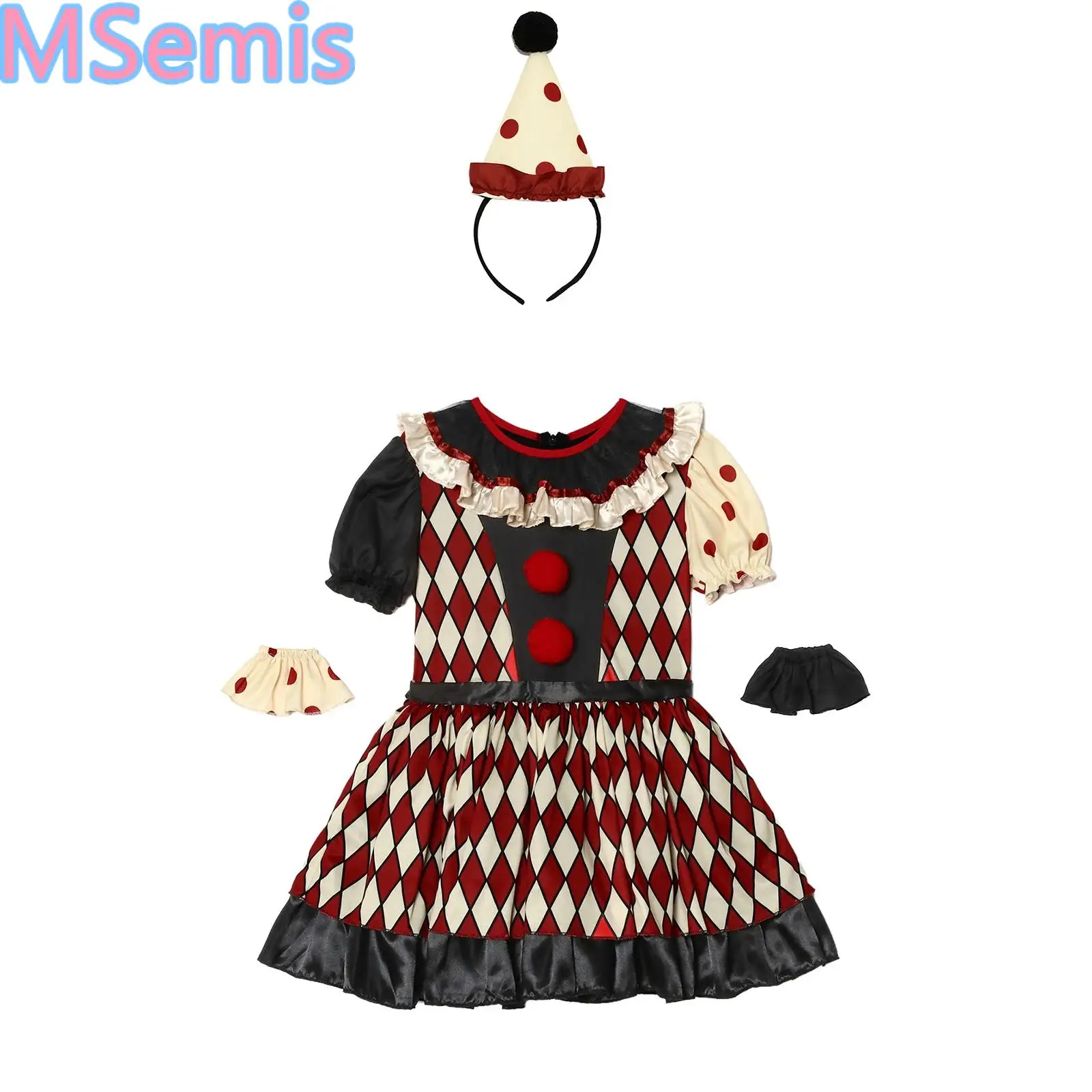 Kids Girls Clown Tutu Dance Dress Dress-up Diamond Pattern Double-layered Dress And Hat for Circus Halloween Stage Performance