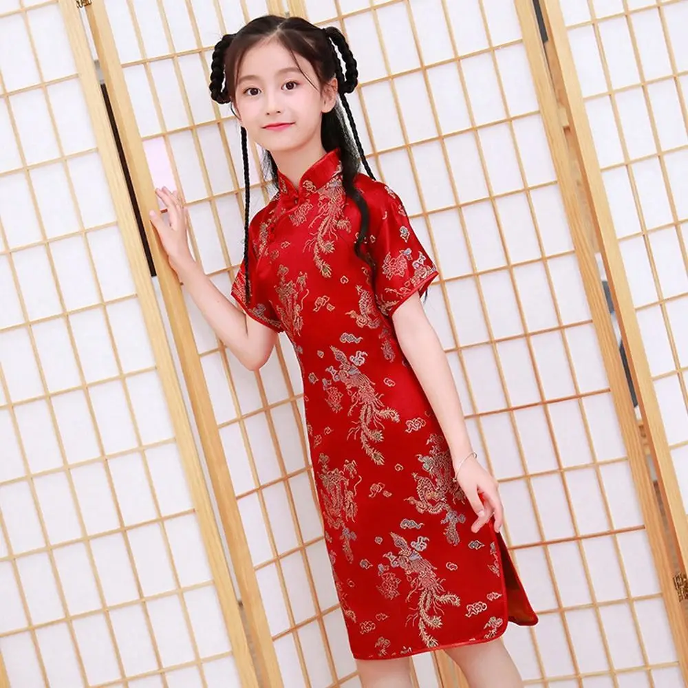 Dragon Phoenix Pattern Niche Design Silk Autumn Girls Skirt Girls Cheongsam  Traditional Dress Qipao Chinese Style Dress