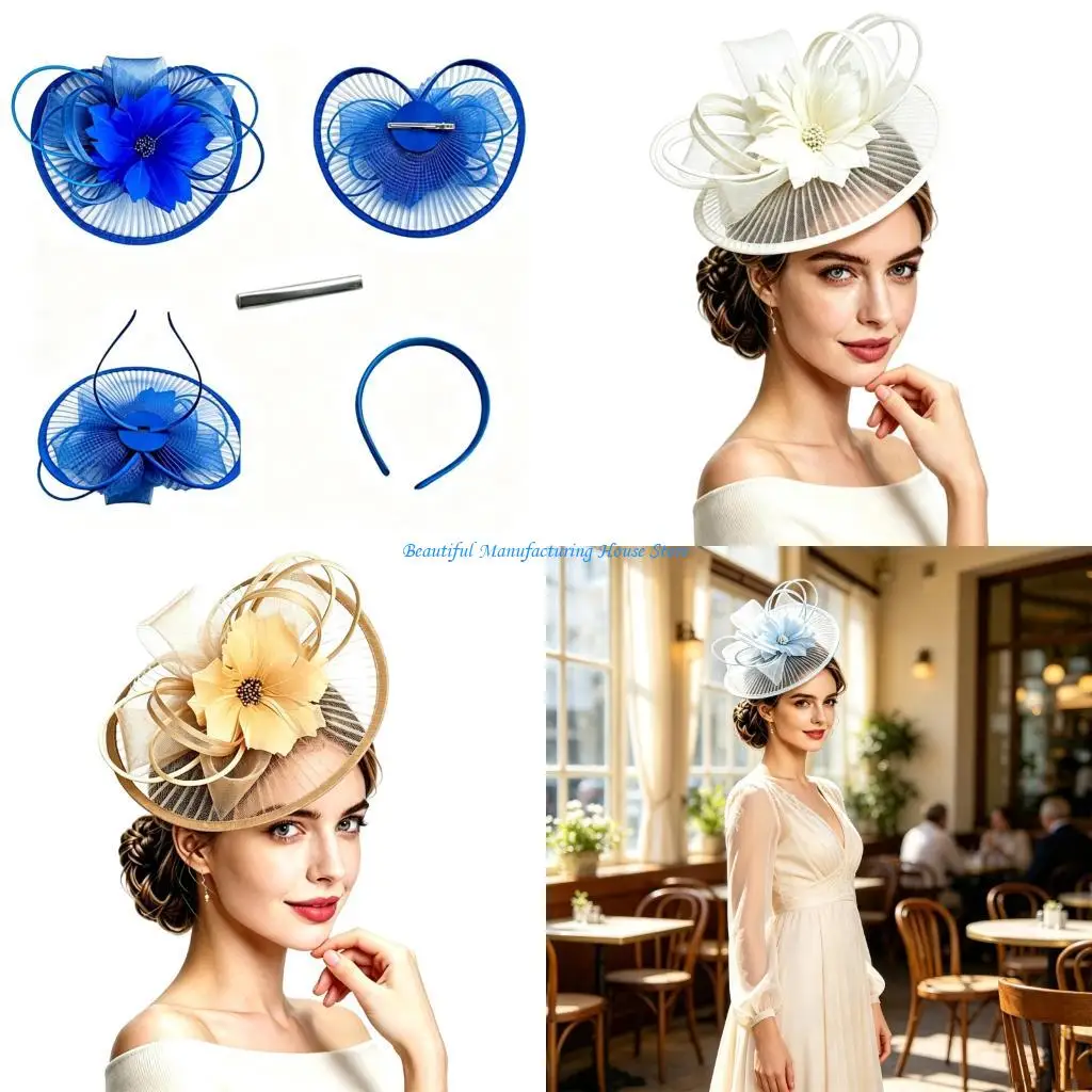 E56A Fascinator Hat Headdress with Mesh and Flower Accent for Wedding Styling