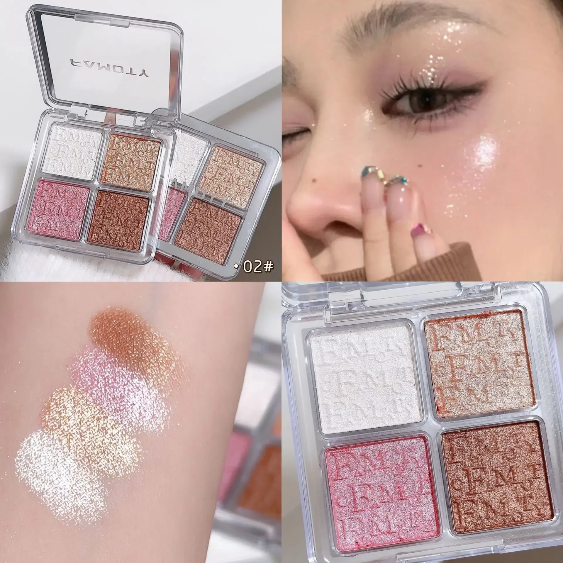 Palette de fard à barrage surligneur et contour, pêche nacrée, champagne, paillettes, maquillage éclaircissant 3D multifonctionnel pour le visage, 4 documents