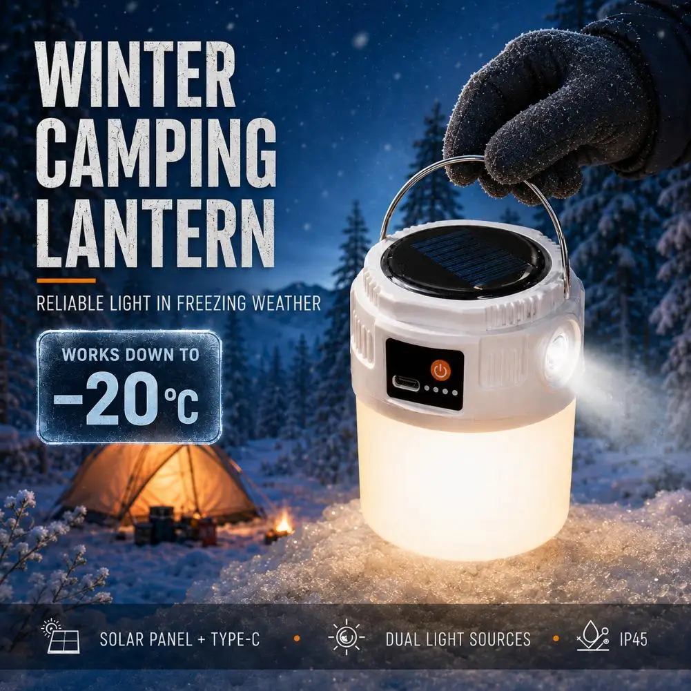 Solar LED Camping Lantern ABS 8.5cm Solar & Type-C Dual Charging 400mAh Battery IP45 Waterproof Portable Hanging Tent Light