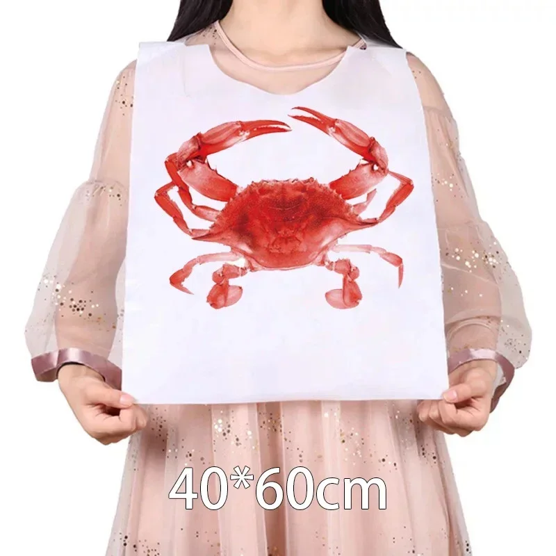 100 Pcs Adult Printed Crab Bibs Portable Disposable Apron Bbq Waterproof and Oil-proof Plastic Aprons Sleeveless
