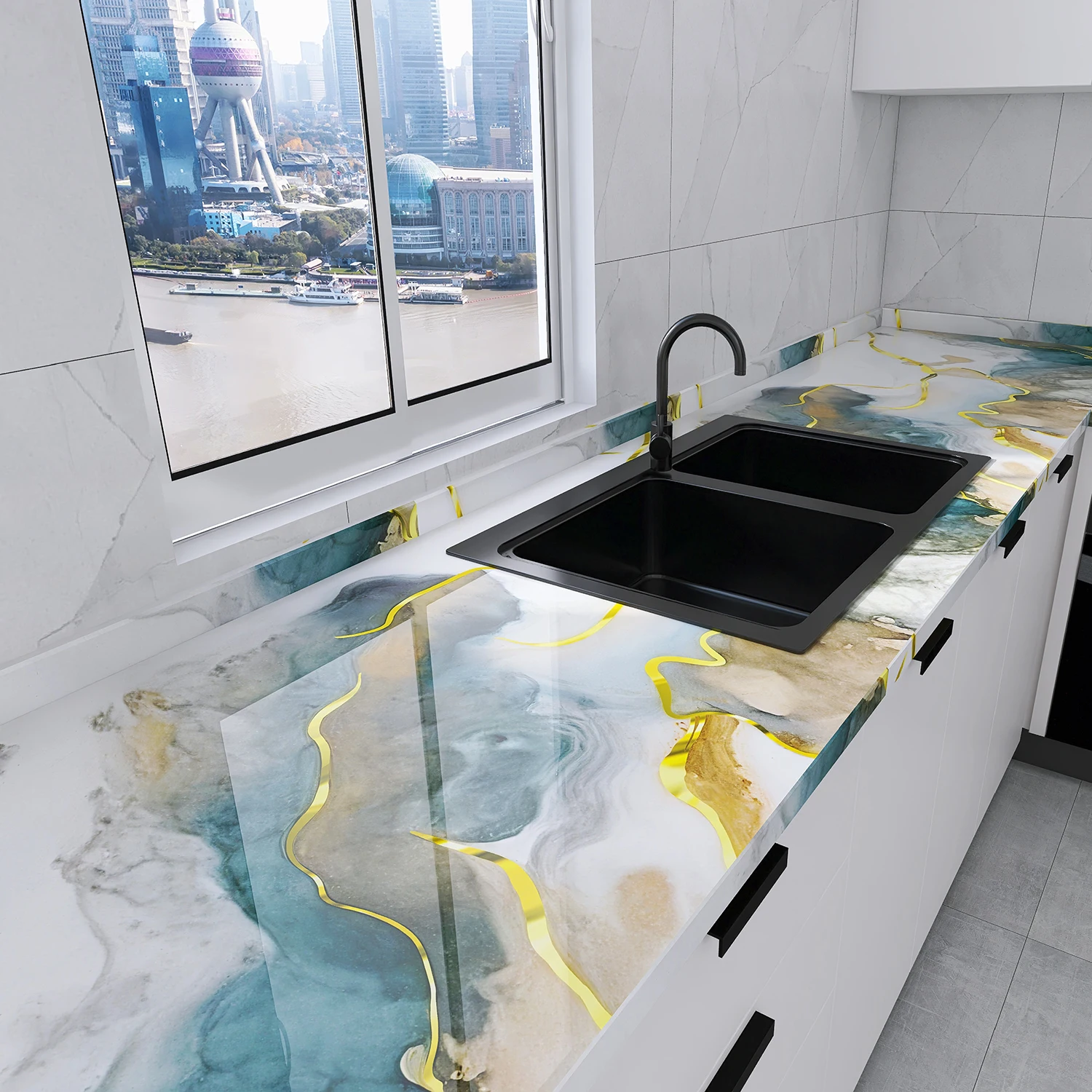 PVC Self-Adhesive Heat-Sealing Oil-Proof Sticker With Marble Pattern Suitable For Kitchen Wall And Decorative Background Wall.