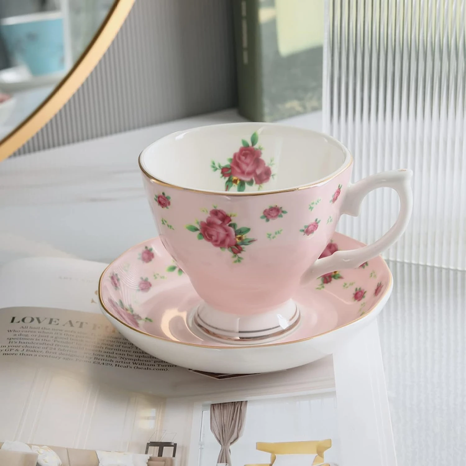 Delightful and stylish Tiger Rose Pottery ceramic coffee tea cup and saucer set for a perfect morning start. Classic and elegant