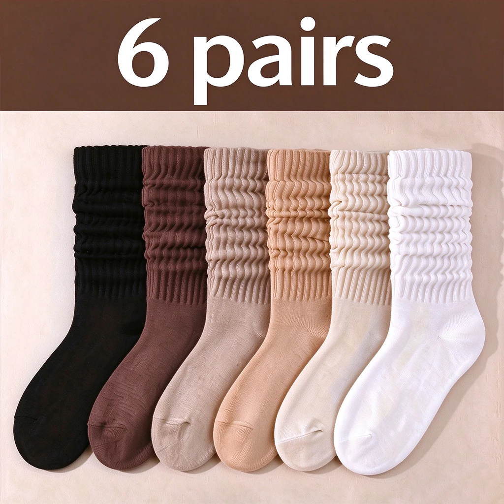 1/6 Pairs Of Colorful Stacked Mid-Calf Socks, Soft And Comfortable Casual Socks In Solid Colors For Versatile And Personalized Styling, Randomly Colored
