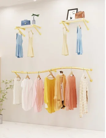 Wall mounted golden women's clothing store hanger display rack children's clothing rack on clothing store display rack