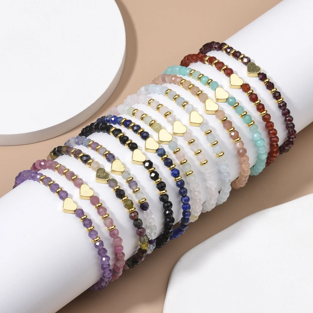 Wholesale 4MM Natural Stone Sunstone Lapis Amethyst Garnet Rose Quartz Faceted Rounds and Hematite Heart Bracelets For lady