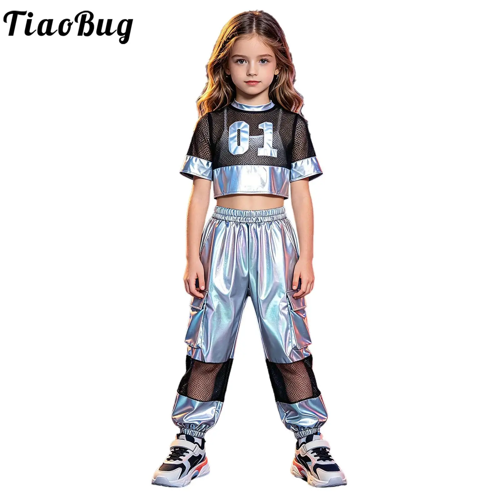 Kids Girls Hip Hop Jazz Modern Dance Outfit Short Sleeve Number Graphic Hollow Out Mesh Patchwork Metallic Crop Top with Pants