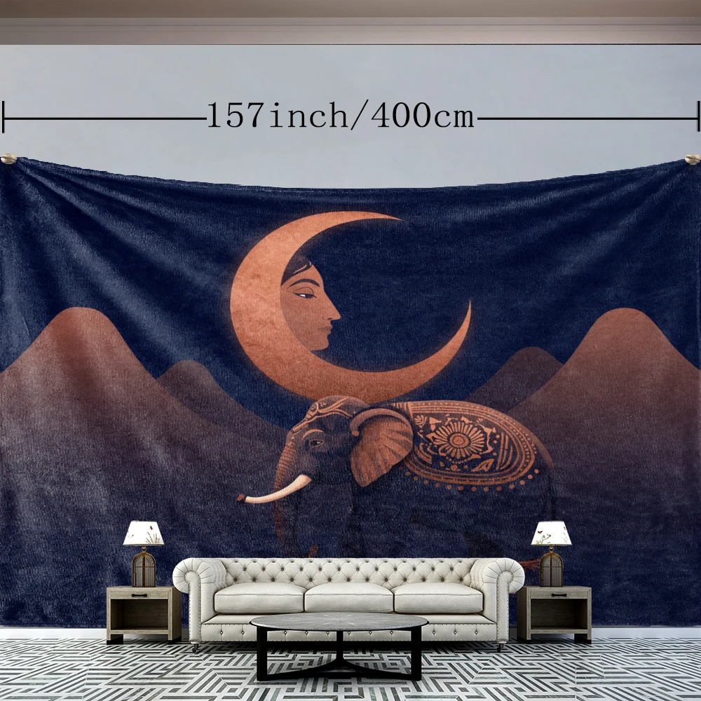 Deep Blue Moon Face Elephant Mountains Wall Tapestry, Mystic Boho Decor
