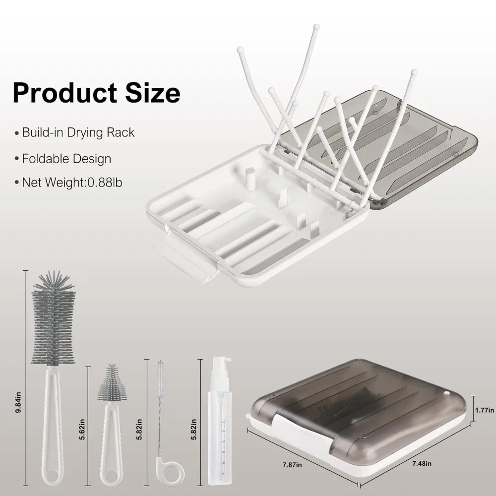 Babyflesborstel, 6-in-1 flessenreinigerset met intrekbare siliconen flessenborstel, droogrek, tepel- en rietjeborstel