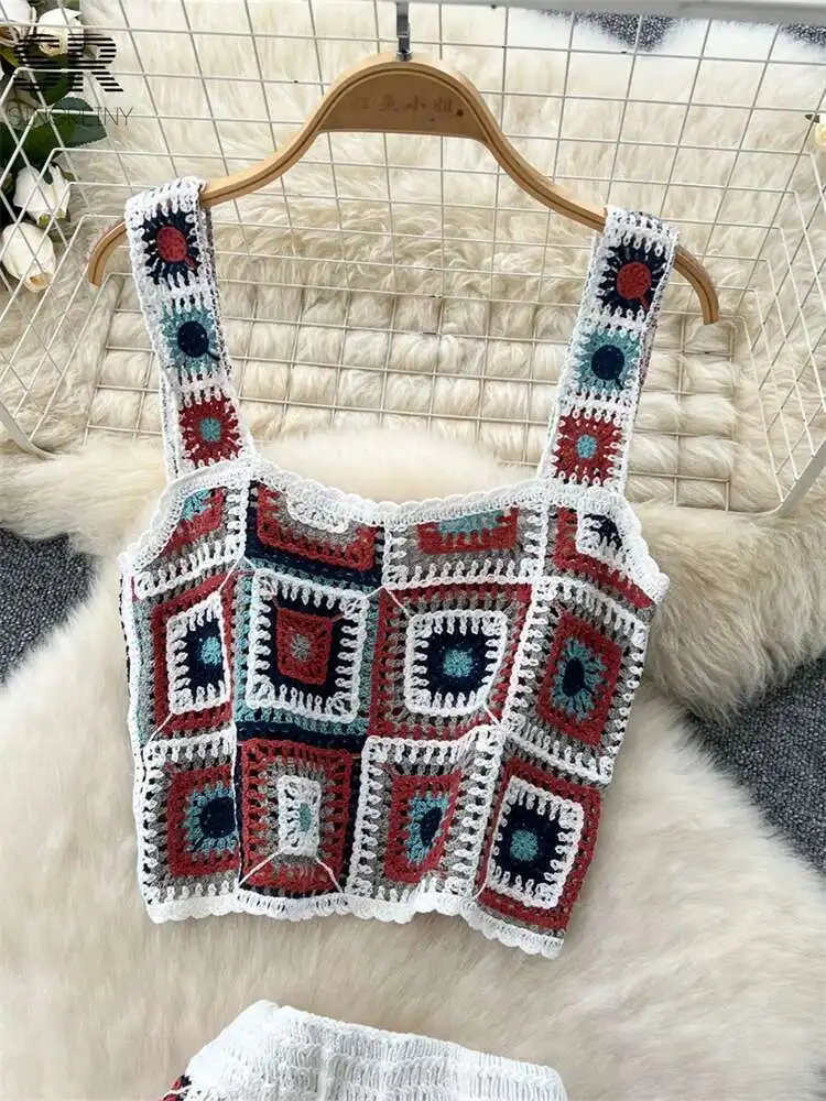 BabYoung Sexy Bohemian Two Piece Set Women Hook Flower Hollow Tank Top Bodycon Elastic Waist Skirt Summer Vacation Knitted Suit