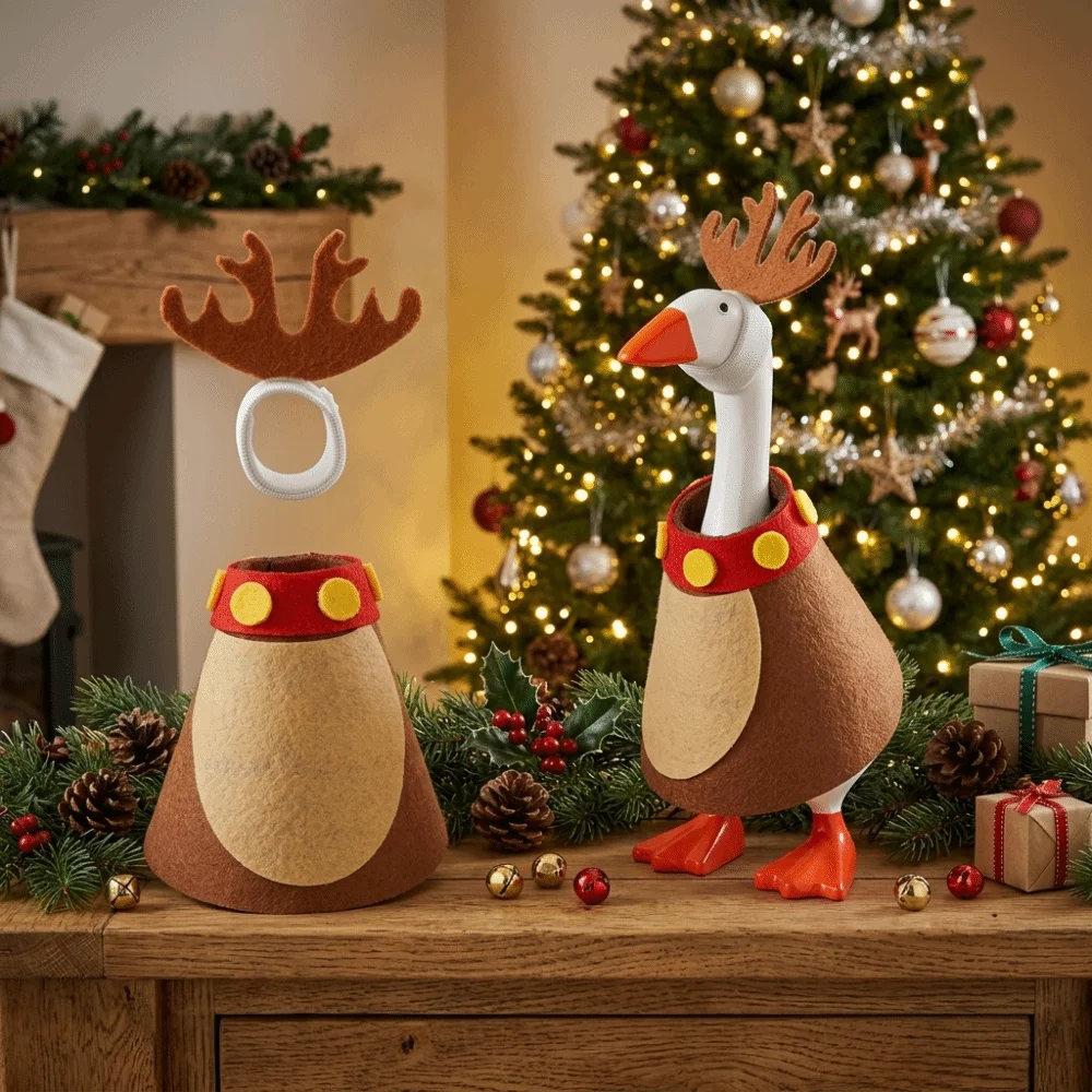 Soft Fabric Goose Statue Christmas Tree Shaped 7-Inch Pet Clothes Red And White Striped Scarf With Hat Holiday Decoration Yard