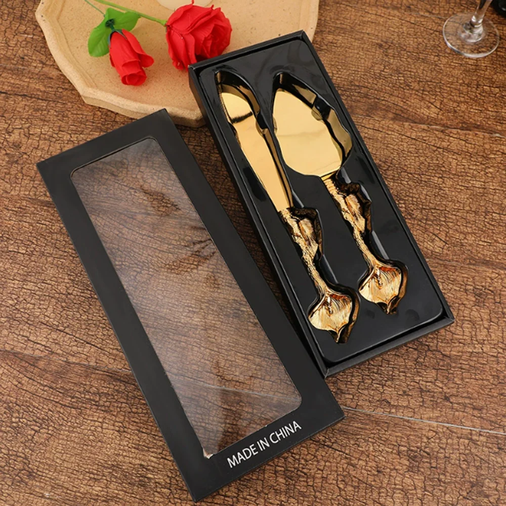 

Luxury Golden European Kitchen Knife & Spatula Set 2 Piece Stainless Steel Cake Pizza Tools for Baking BBQ Wedding Gift