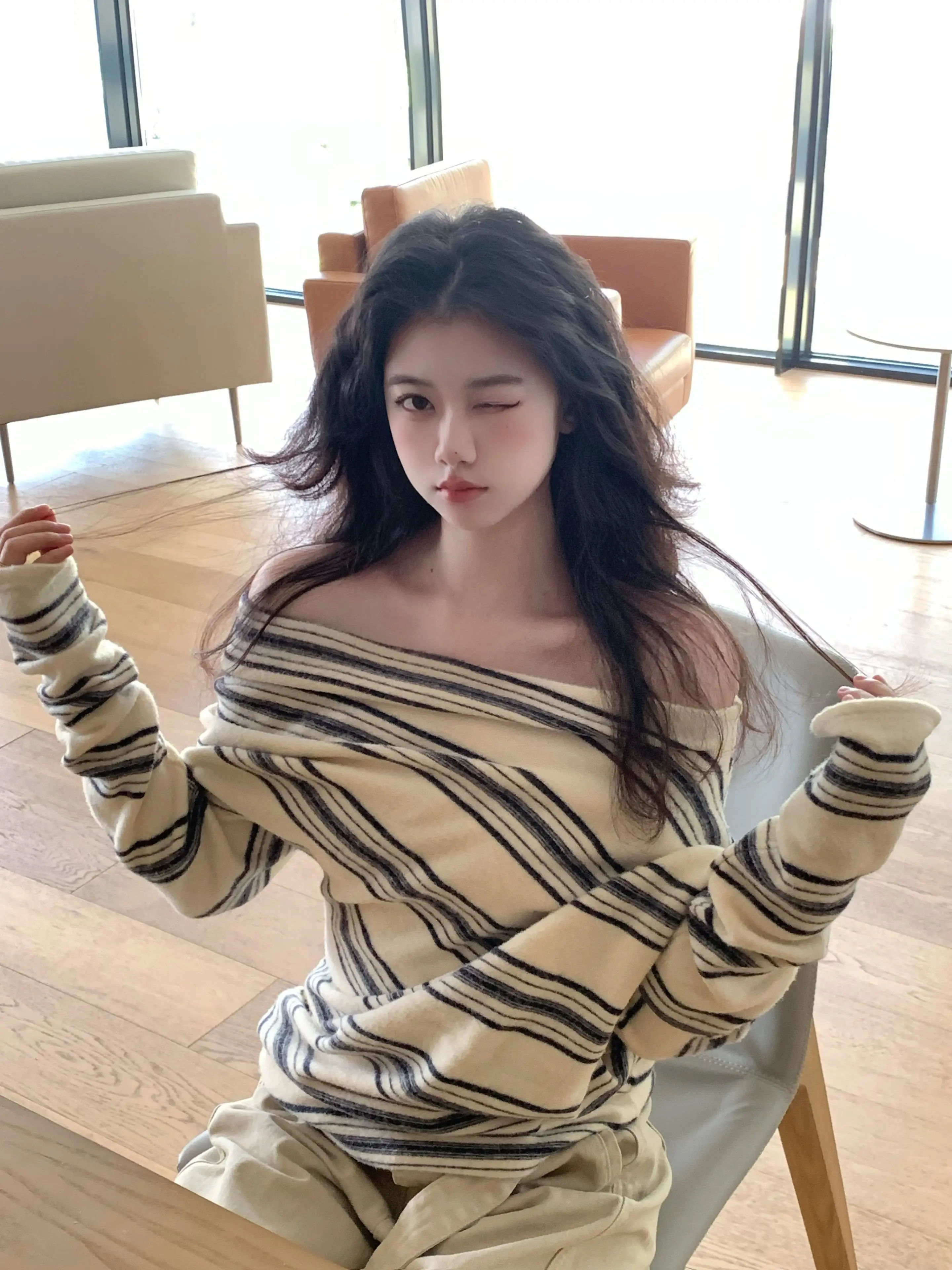 Korean Style Striped One Shoulder Knitted Dress Women Spring Autumn Loose Vintage Bridesmaid Dress Long Sleeve Regular Fit
