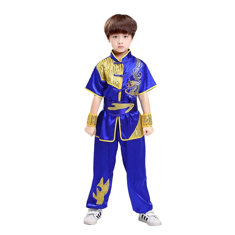 Set di abbigliamento in stile tradizionale cinese per bambini ricamo drago con paillettes uniformi Tai Chi Kung Fu a prestazioni lunghe e corte