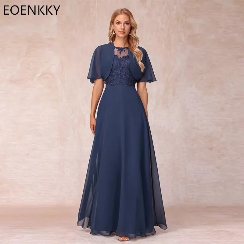 

Navy Blue Chiffon A-line Mother Dress Round Neck Lace Detachable Jacket Wedding Guests Formal Dress vestidos de noche Customized