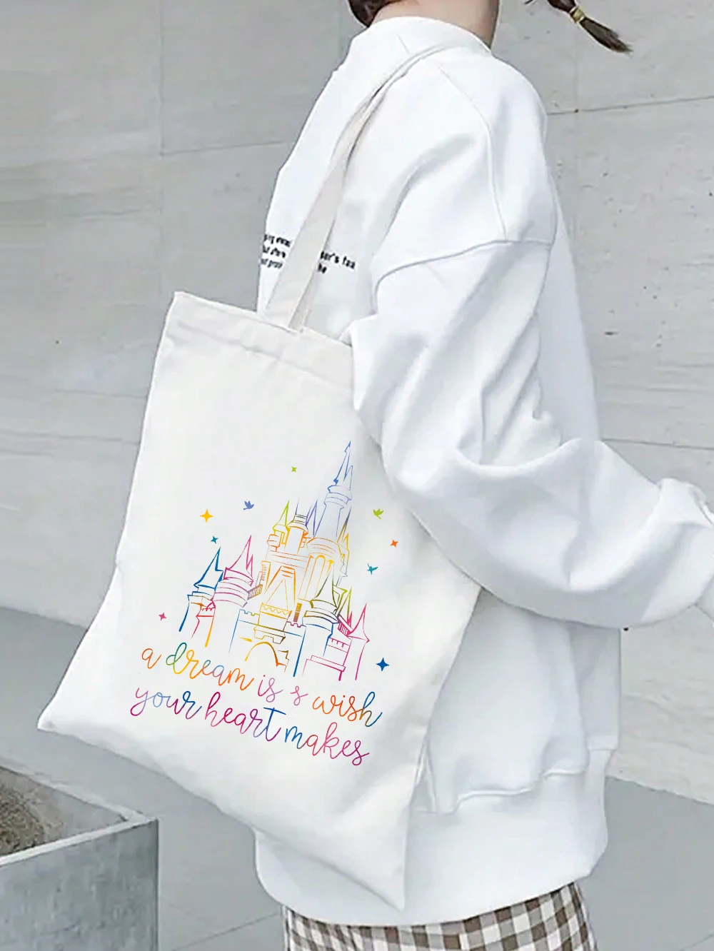 Colorful Castle Line Art Canvas Tote Bag A Dream Is A Wish Your Heart Makes Print Reusable Shoulder Bag Fantasy Shopping Handbag