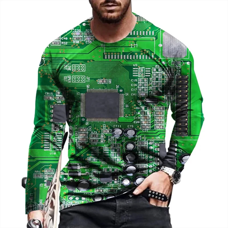 T Shirts Vintage Circuit Board Patterns 3D Print Streetwear Loose  Men Long Sleeve Harajuku Round Neck Oversized TShirt Clothing