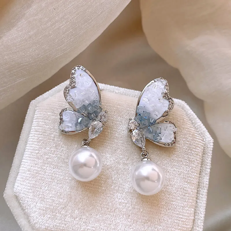 Light Luxury Elegant Crystal Butterfly Dangle Earrings For Women Fashion Sweet Girl Imitation Pearl Jewelry Accessories