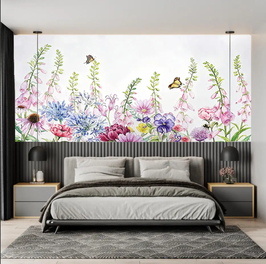 Customized wallpaper Nordic small fresh flower garden style flower butterfly indoor background wall decoration 3d wallpaper