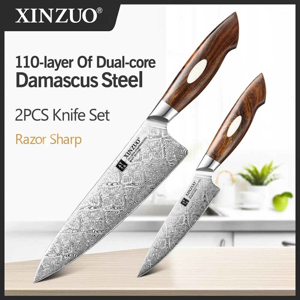 

XINZUO 2PCS Kitchen Kit 10Cr15CoMoV+9Cr18MoV Dual Core Damascus steel Vegetable Meat Fruit Knife Exquisite Gift Box Packaging