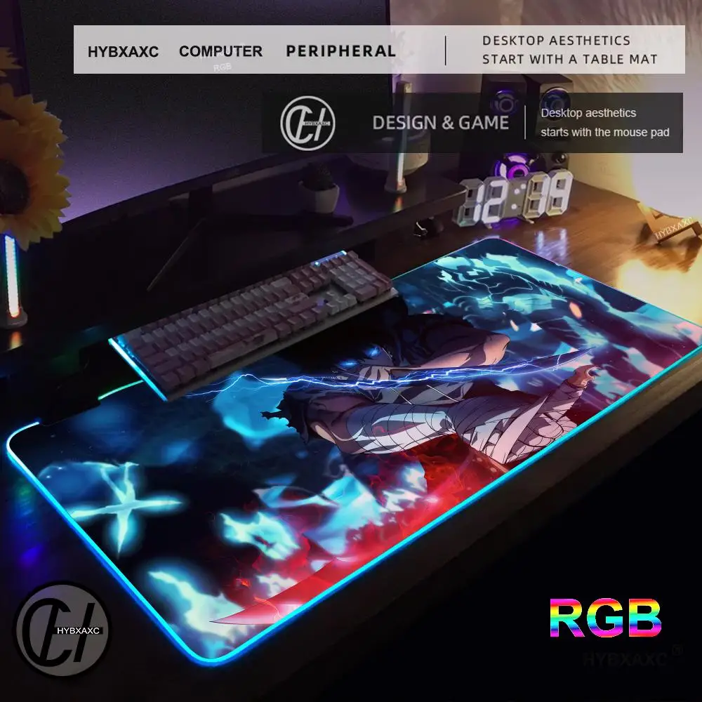 Mouse Pad Anime S-Solo L-Levelings RGB Gaming Desk Mat HD Gamer Large LED Light XXL MousePads Luminous Table Mat Carpet