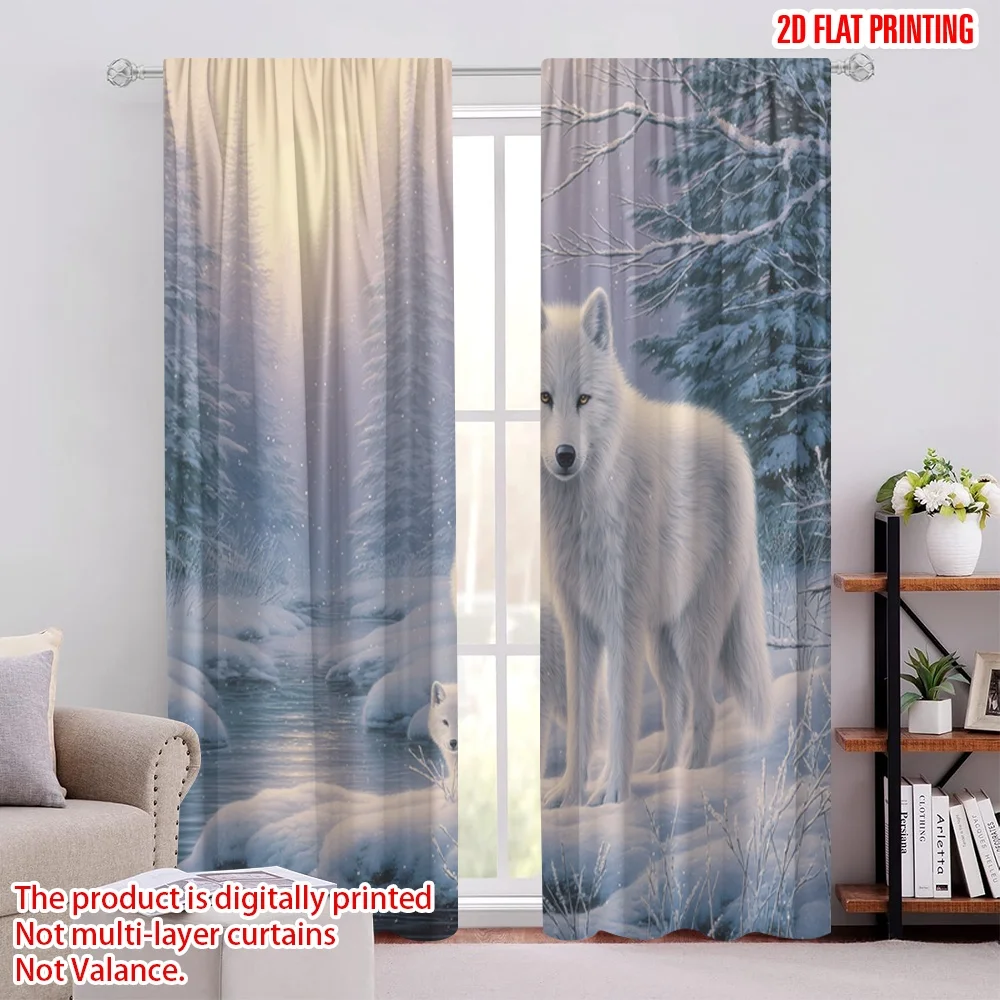 

2pcs 2D flat printing Curtains Winter Wolf Pack Snow Digital Printed Polyester Drapes Festive Curtains for Festive Portraits and