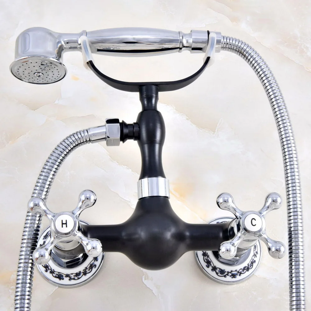 

Polished Chrome & Oil Rubbed Brass Wall Mounted Bathroom Shower Faucet Set with 1.5M Hose Handheld Spray Head Mixer Tap Dna613