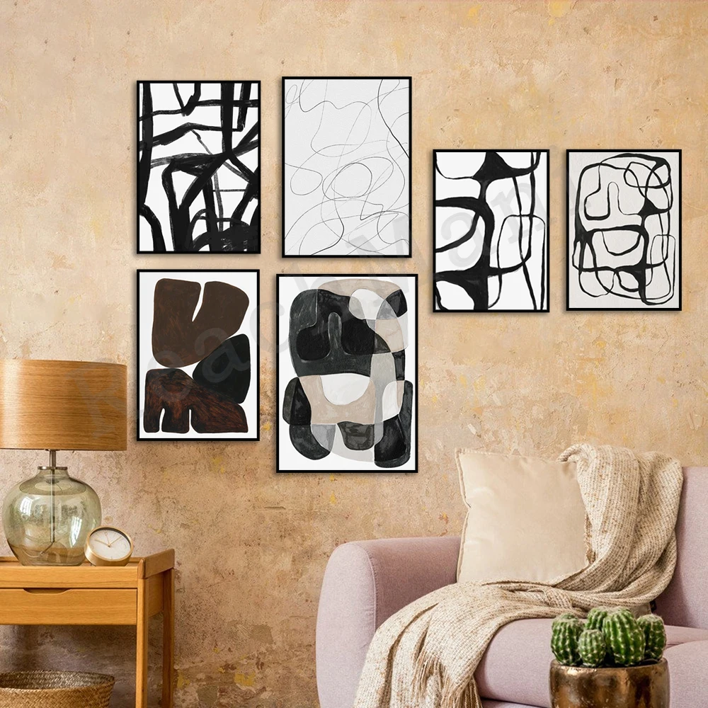 

Abstract line black and white art exhibition poster, mid century, modern canvas living room home decor aesthetic picture