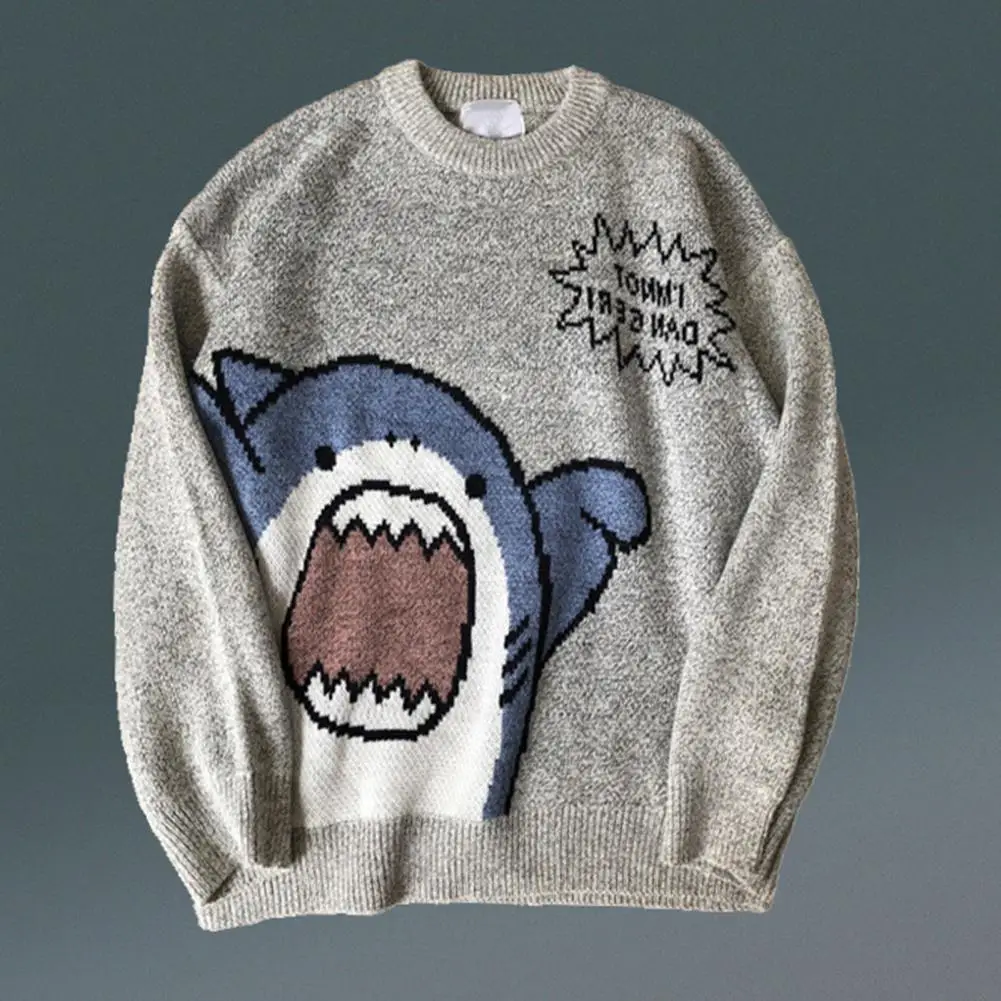 Trendy Men Sweater Warm Sweater Cartoon Elastic Winter Sweater  Shark Print