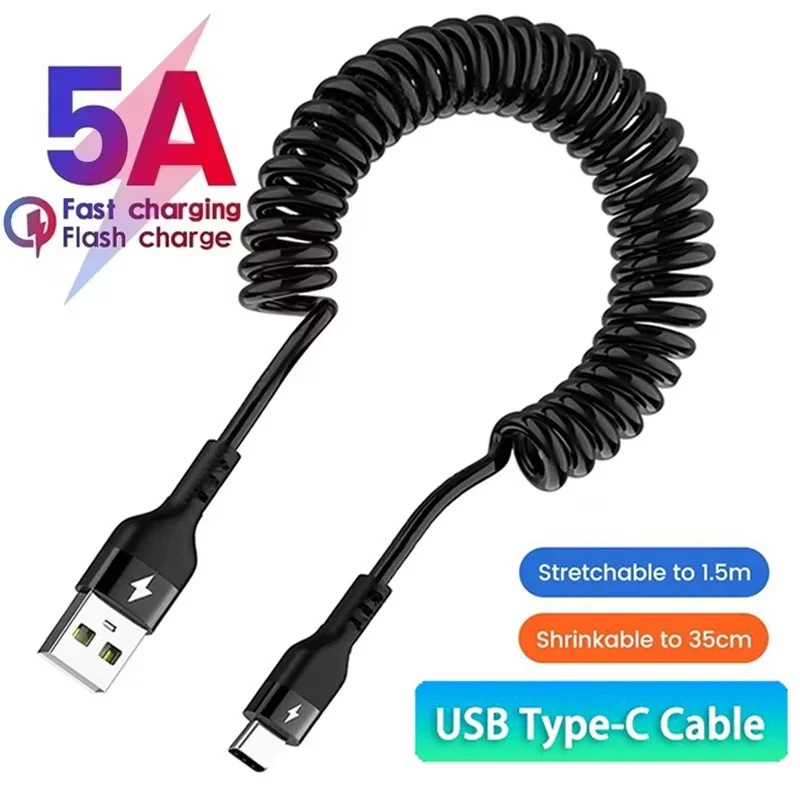 Car USB Type C 66W 5A Fast Charging Cable USB to Type C Spring Telescopic Cord For iPhone Huawei Xiaomi Redmi OPPO Phone Charger