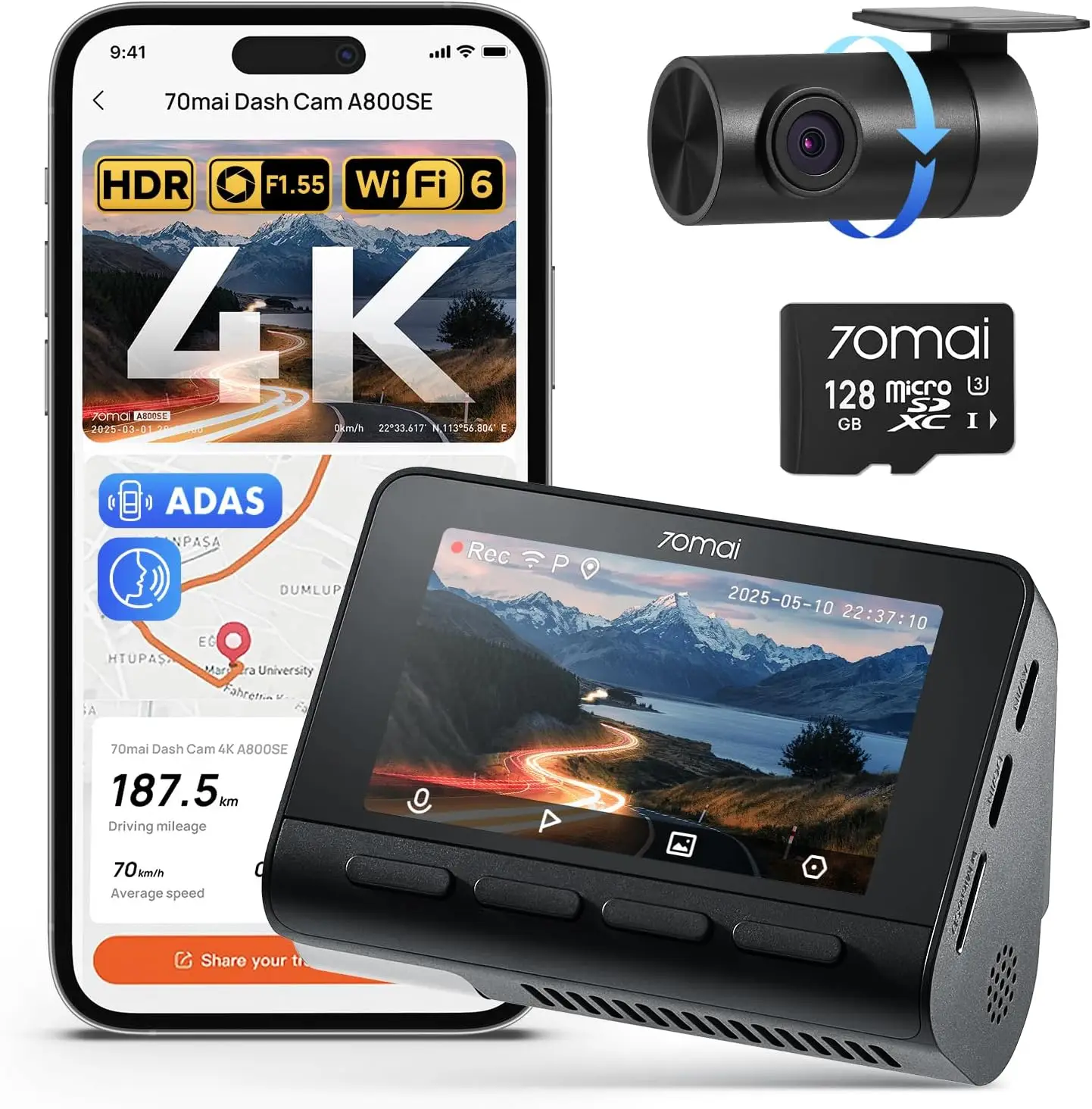 Front Rear 4K Dash Cam Built Wifi 6 GPS Car Camera Super Night Vision ADAS 3 IPS Screen 24H Parking Mode Time Lapse Loop Recordi