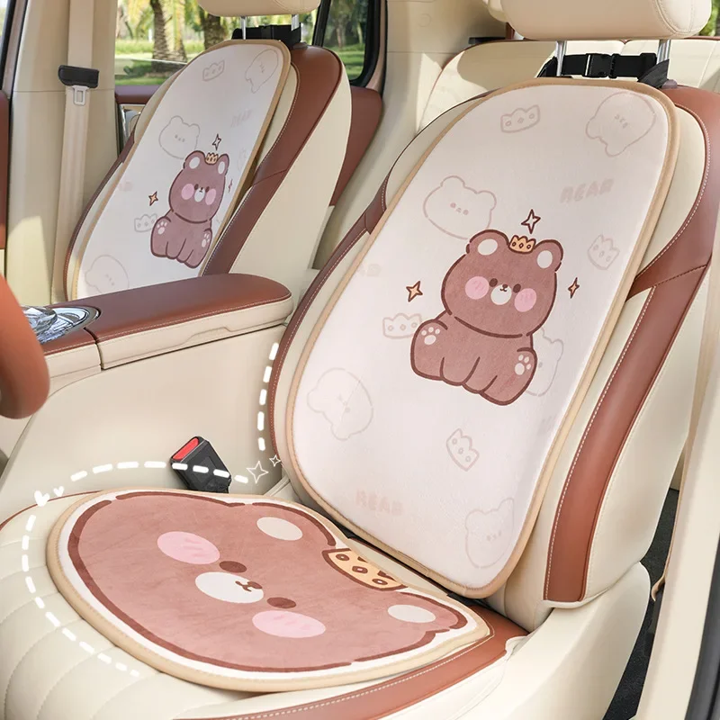 2026 Cartoon Bear Car Seat Cushion Full Set Soft Plush Cute Seat Cushion Cover Fashion Decoration Interior Accessories Universal