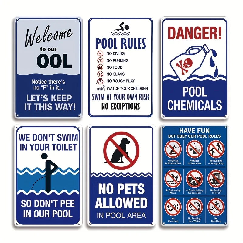 6pcs Pool Sign, for Outdoor, Set Pool Decor Metal Tin Sign Pool Area Decoration Beach Welcome Sign 30.48X20.32 cm Funny Pool Rul