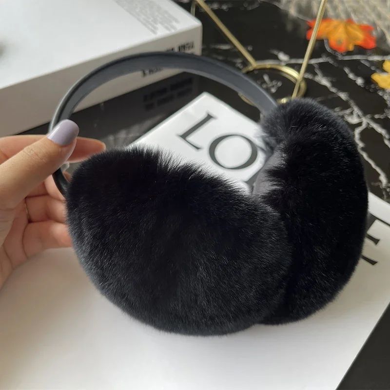 Real Rex Rabbit Fur Earmuffs for Women Winter Headphones Soft Warm Cable Furry Rabbit Fur Ear Covers for Cold Weather