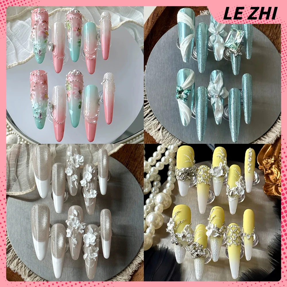 

Deluxe High-End Long Coffin Stiletto Handmade Press On Nails Bowknot Pearl Flowers Rhinestone Design French Full Cover Nail
