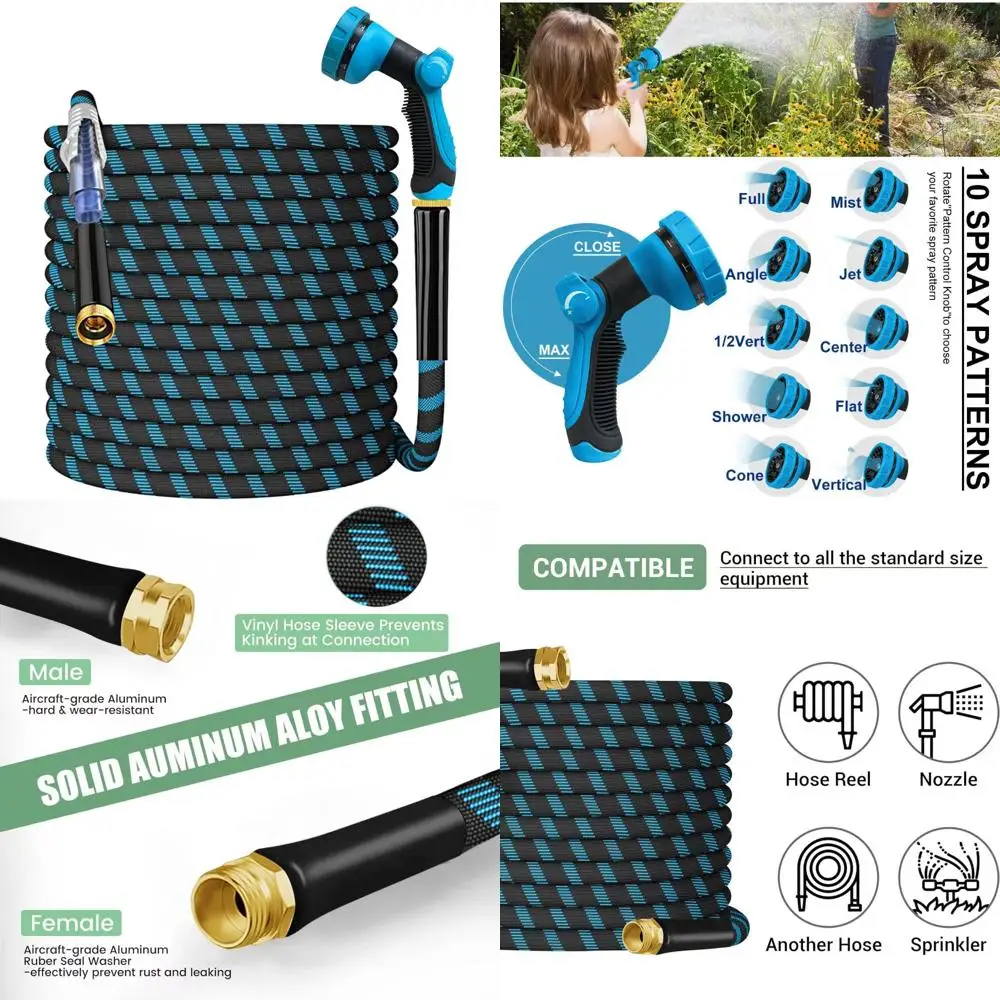 خرطوم حديقة مرن خفيف الوزن بطول 150 قدمًا غير قابل للغلق مع فوهة 10 أنماط وموصلات معدنية متينة 3/4