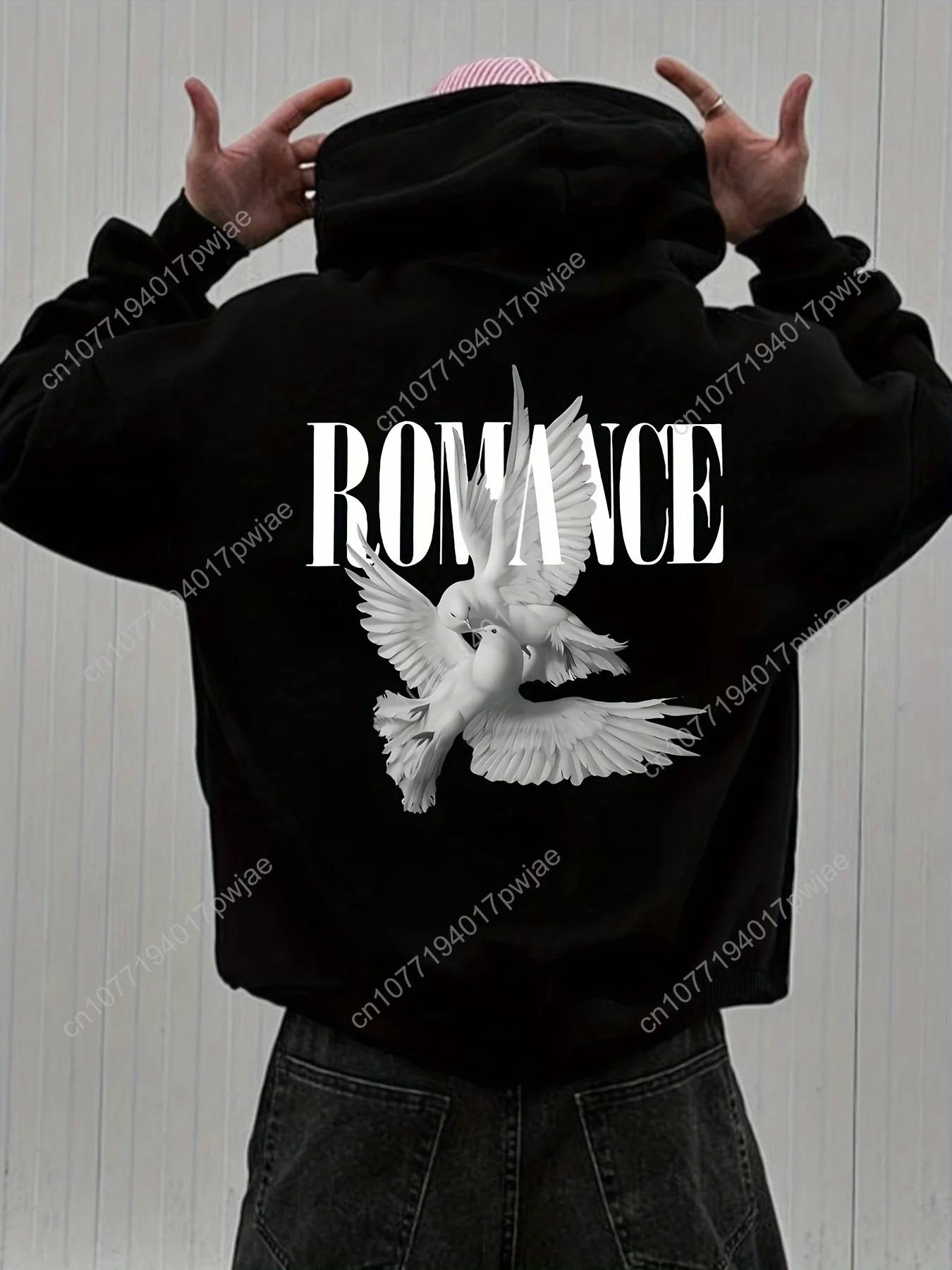 Moletom casual masculino com capuz e estampa gráfica "ROMANCE" – ajuste solto, manga comprida, bolso frontal, perfeito para outono/inverno, cas