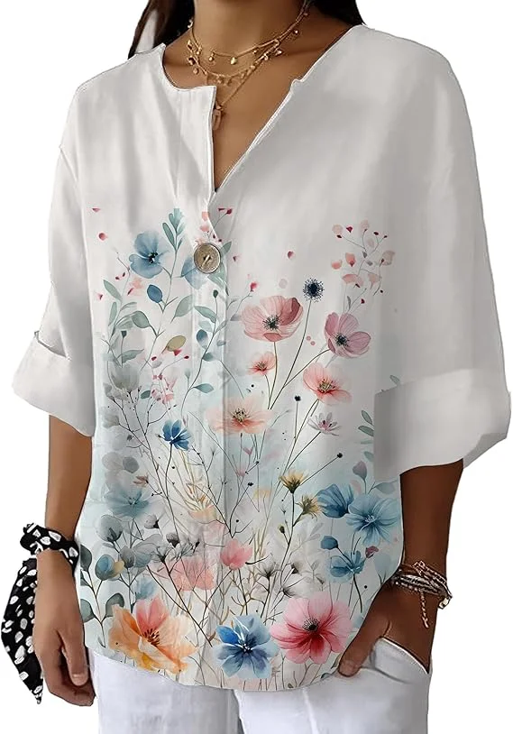 

Women's Summer Shirts Vintage Floral Long Sleeve Novelty Blouses Boho Button Up Cool Graphic Tops