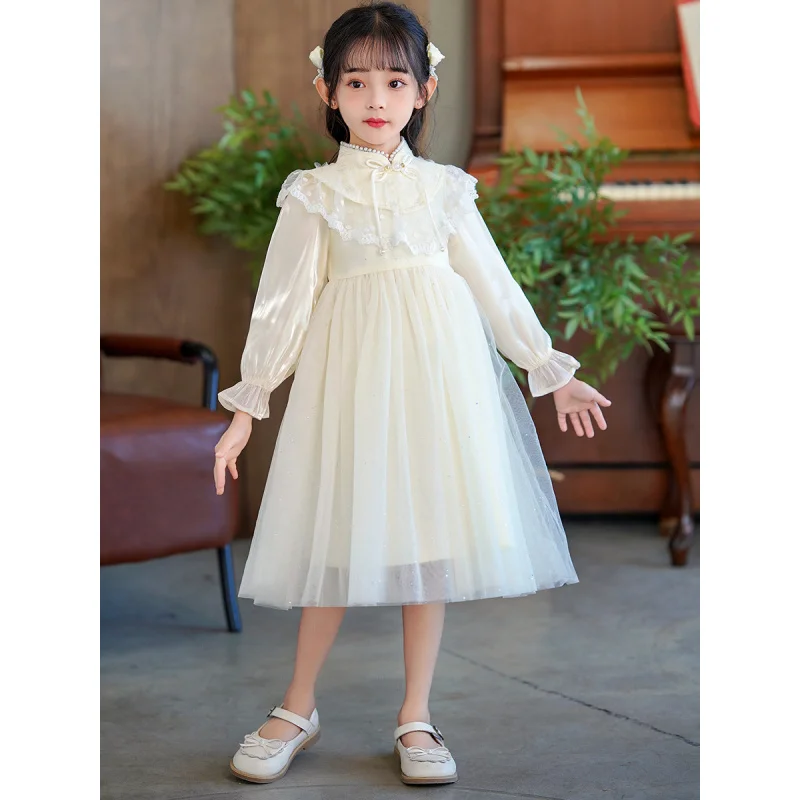 فستان الأميرة للفتيات للربيع والخريف بنمط جديد على الطراز الصيني الجديد من الدانتيل بكتف سحابة وأكمام طويلة #4