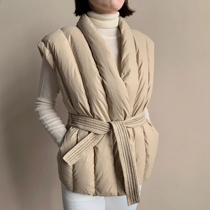 

Autumn Winter Knitted Splicing Down Vest Female Warm Lace Up Quilted Waistcoat Coat Women White Duck Down V Neck Sleeveless Vest