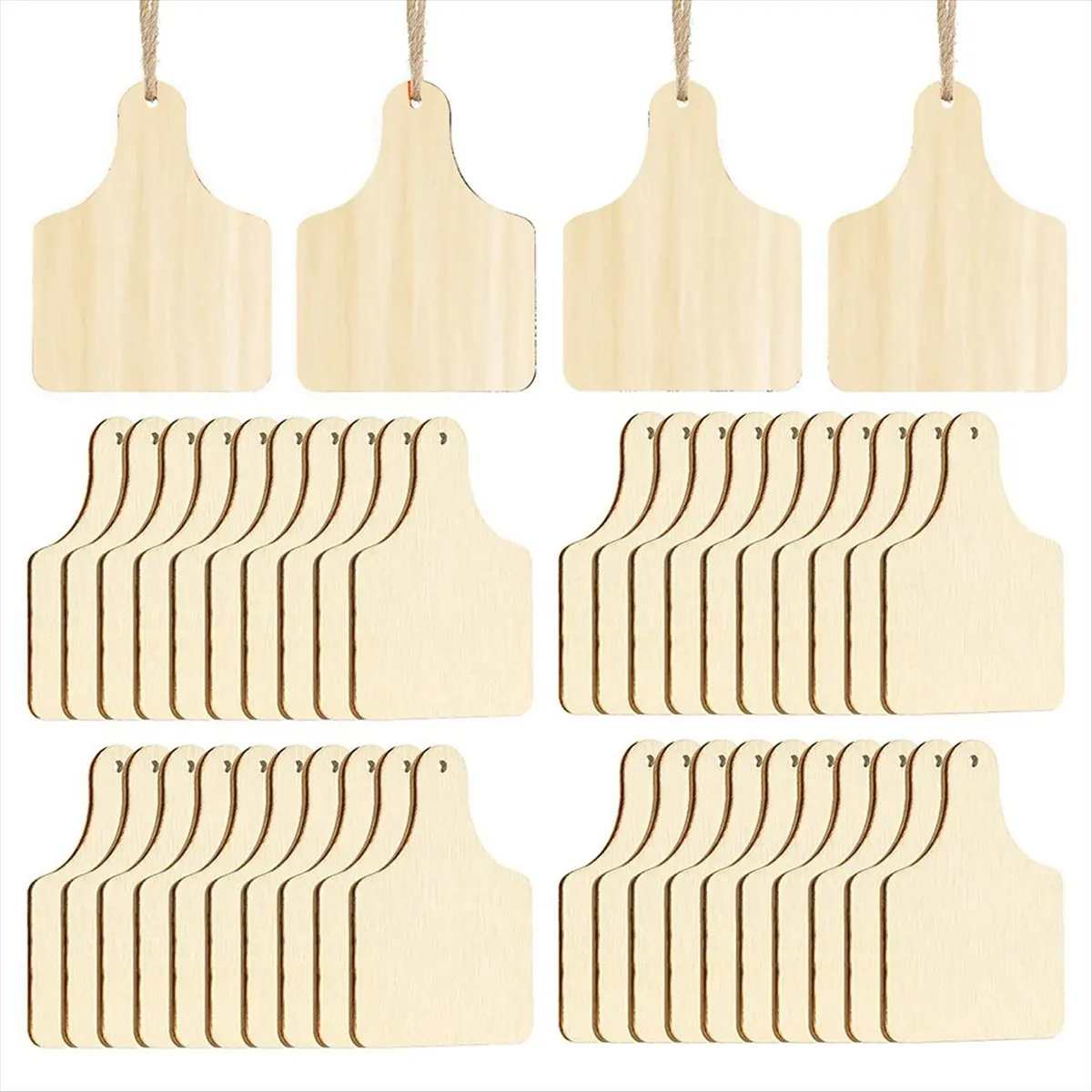 A74U 120 Pieces Wooden Cow Ear Tags Unfinished Wood Hanging Cow Tags with Ropes for DIY Craft Christmas Party Decor