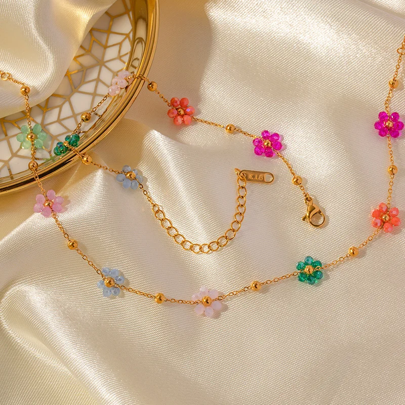 Kolmnsta Exquisite Colorful Flower Chain Necklace Bracelet Set For Women Gold Plated Titanium Steel Daisy Choker Necklace Gift