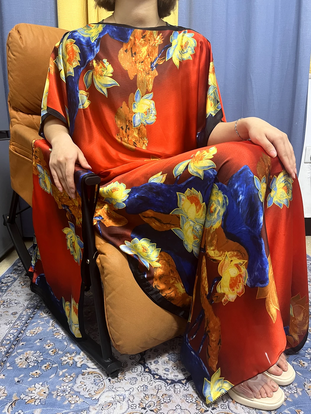 Abayas For Women 2023 Muslim Red Flower Silk Fabric Summer Loose Femme Robe African Islam Dresses Moroccan Caftan With Turban