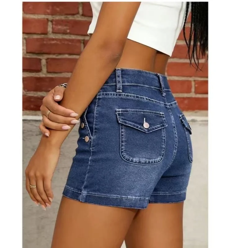 Girls High Waist Thin Side Button Placket Jeans Female Korean Solid Color Denim Shorts Lady Skinny Flap Pockets Short Pants